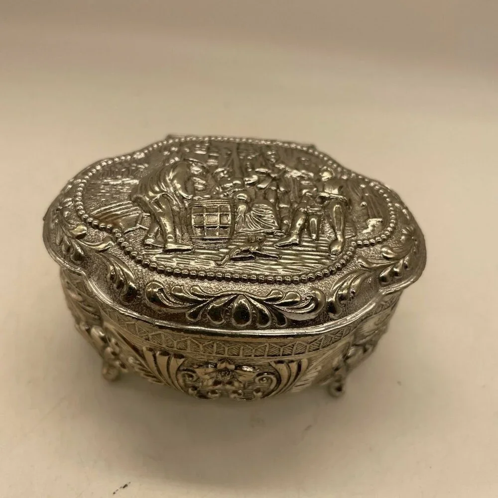 Vintage Silver Ornate Oval Casket Japanese Footed Jewelry Box Red Velvet Lined